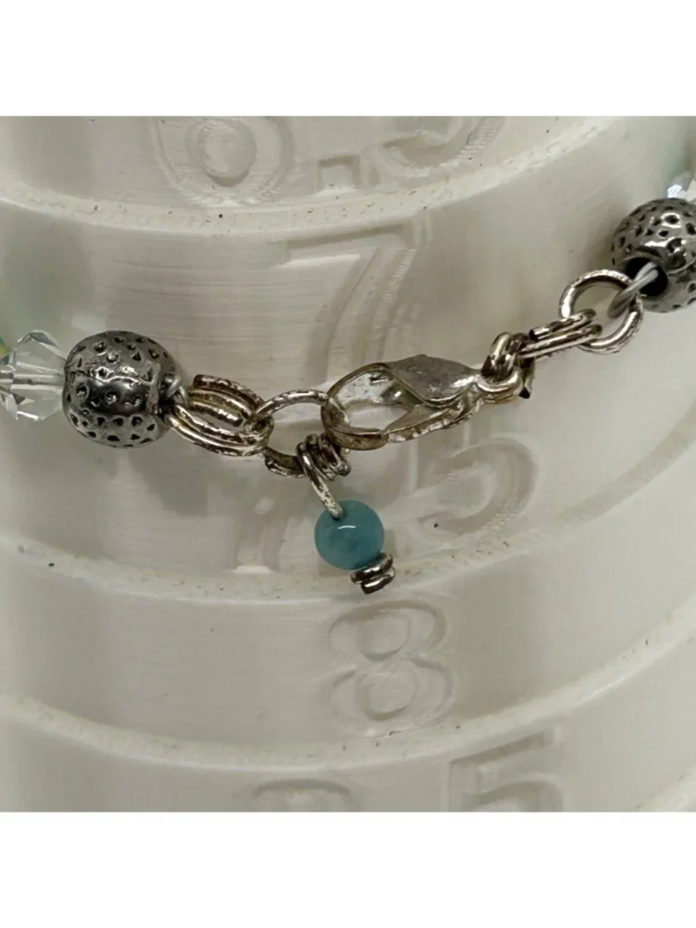 Vintage Turquoise Teal Beaded Bracelet Silver-Tone Rondells Gemstone & Ceramic